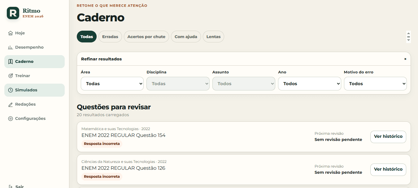 Tela real do caderno de questões para revisar