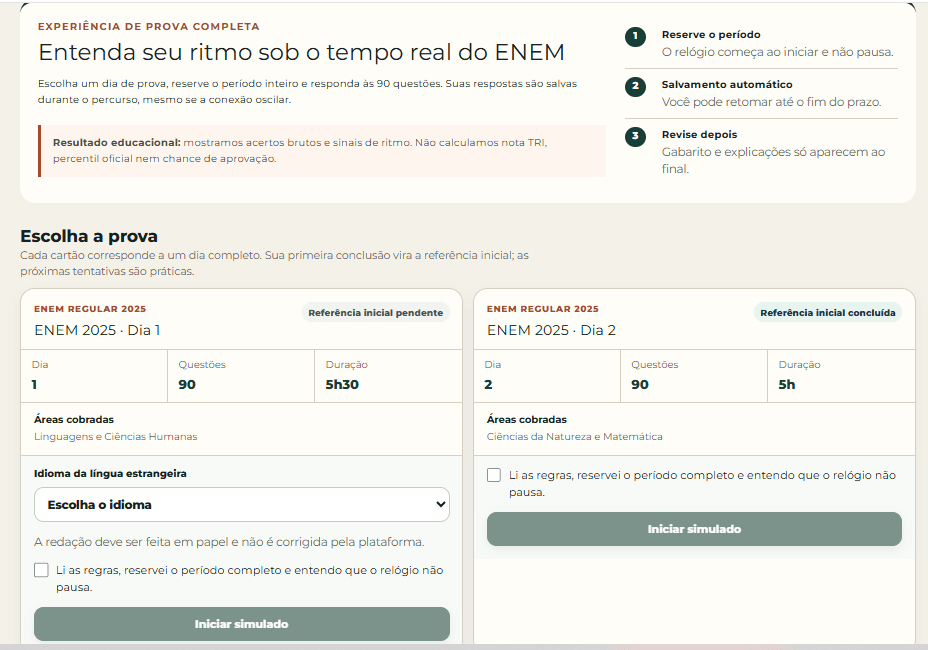 Tela real de escolha de um simulado completo do ENEM