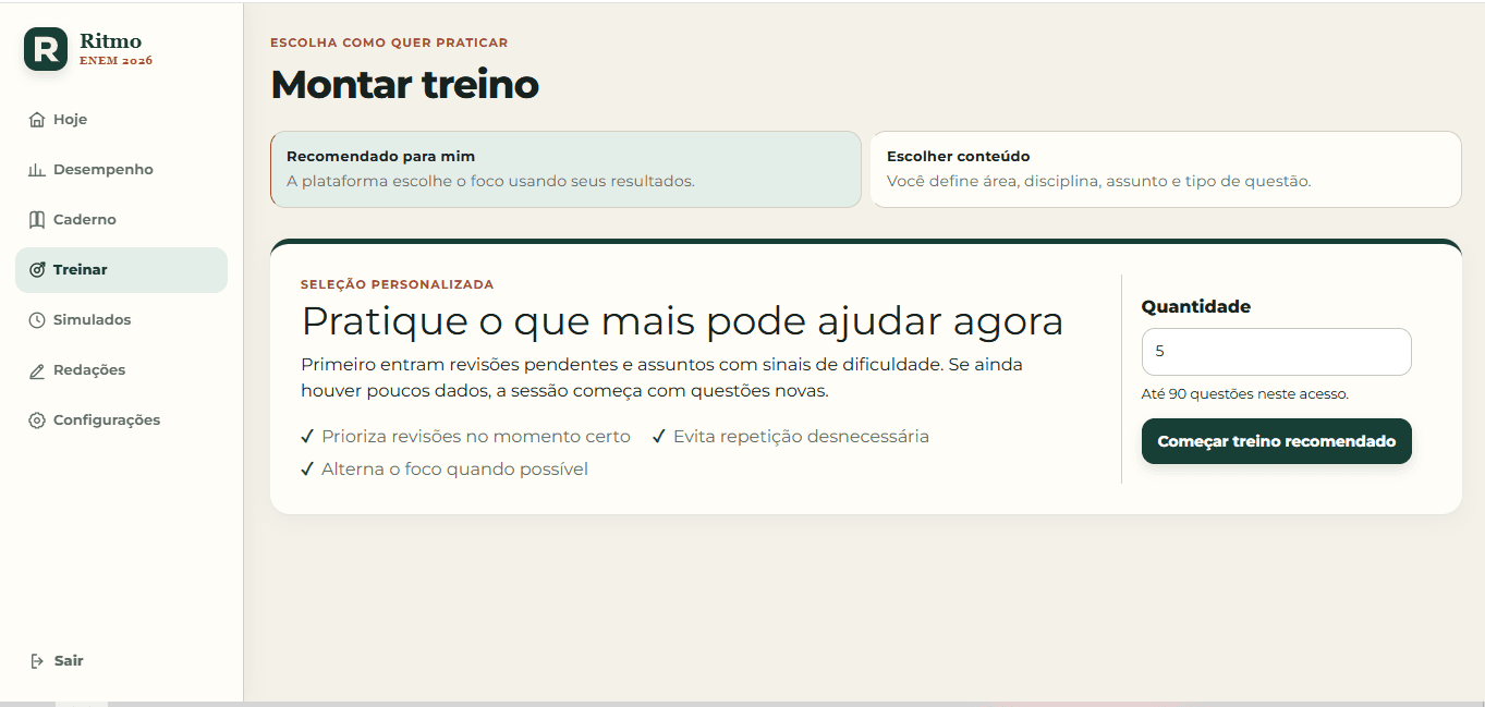 Tela real para montar um treino recomendado